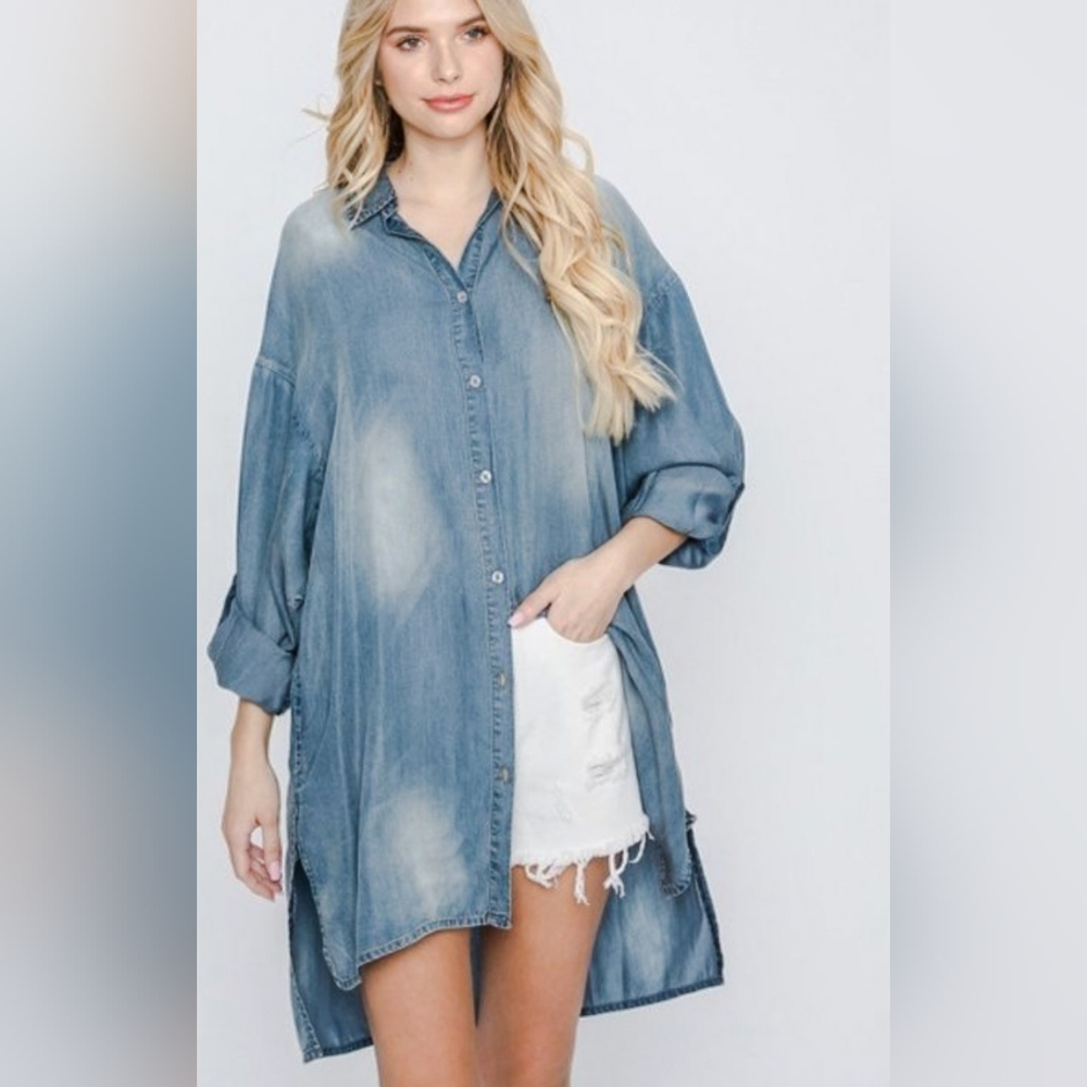 Oversized Washed Denim Button Down Tunic Shirt w/ Pockets | Boho Casual